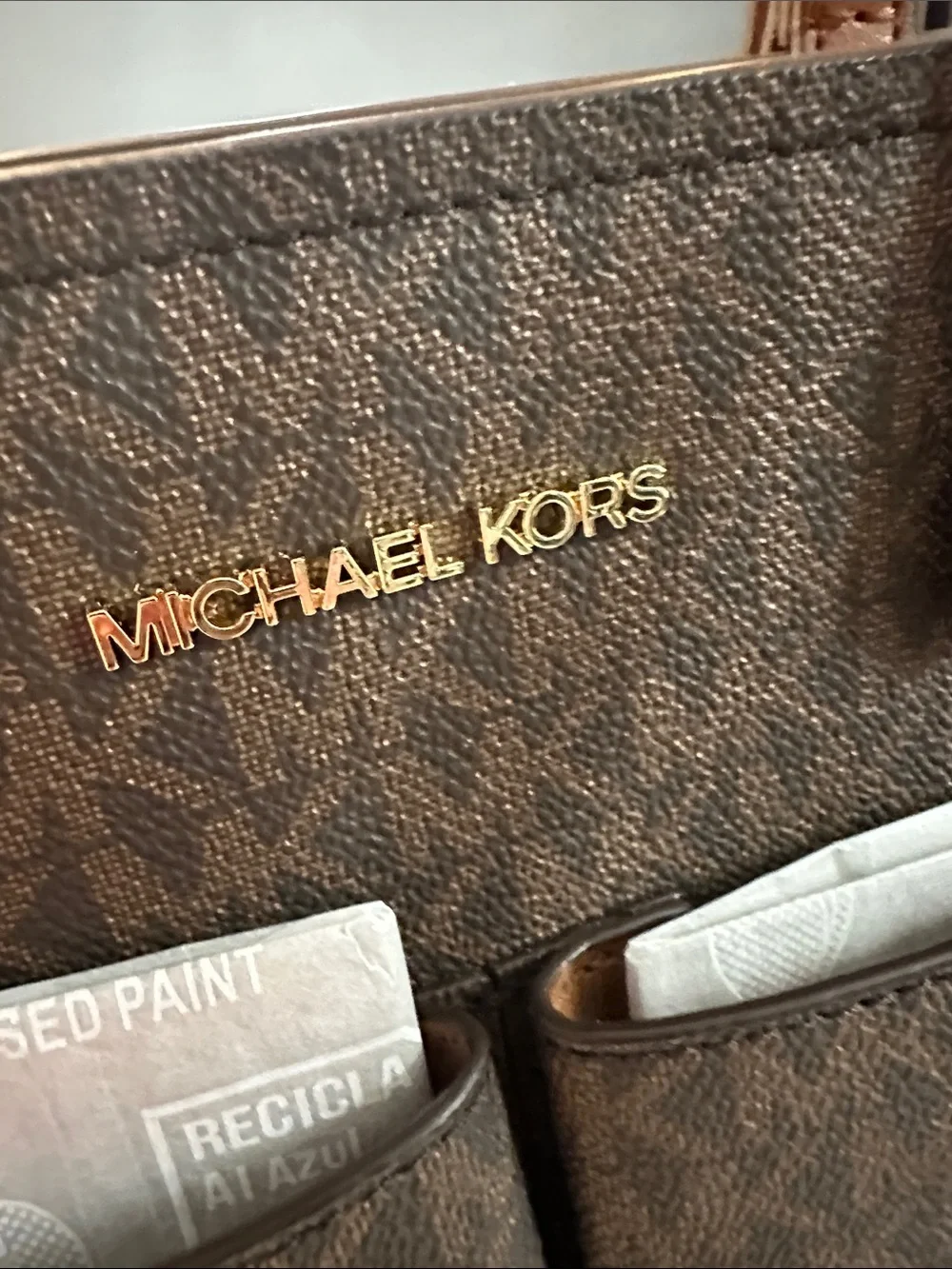 Michael Kors Brown and Tan Logo Tote with Front Pockets